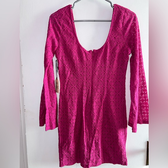 Pink Lace Mini Dress with Bell sleeves - Picture 2 of 5